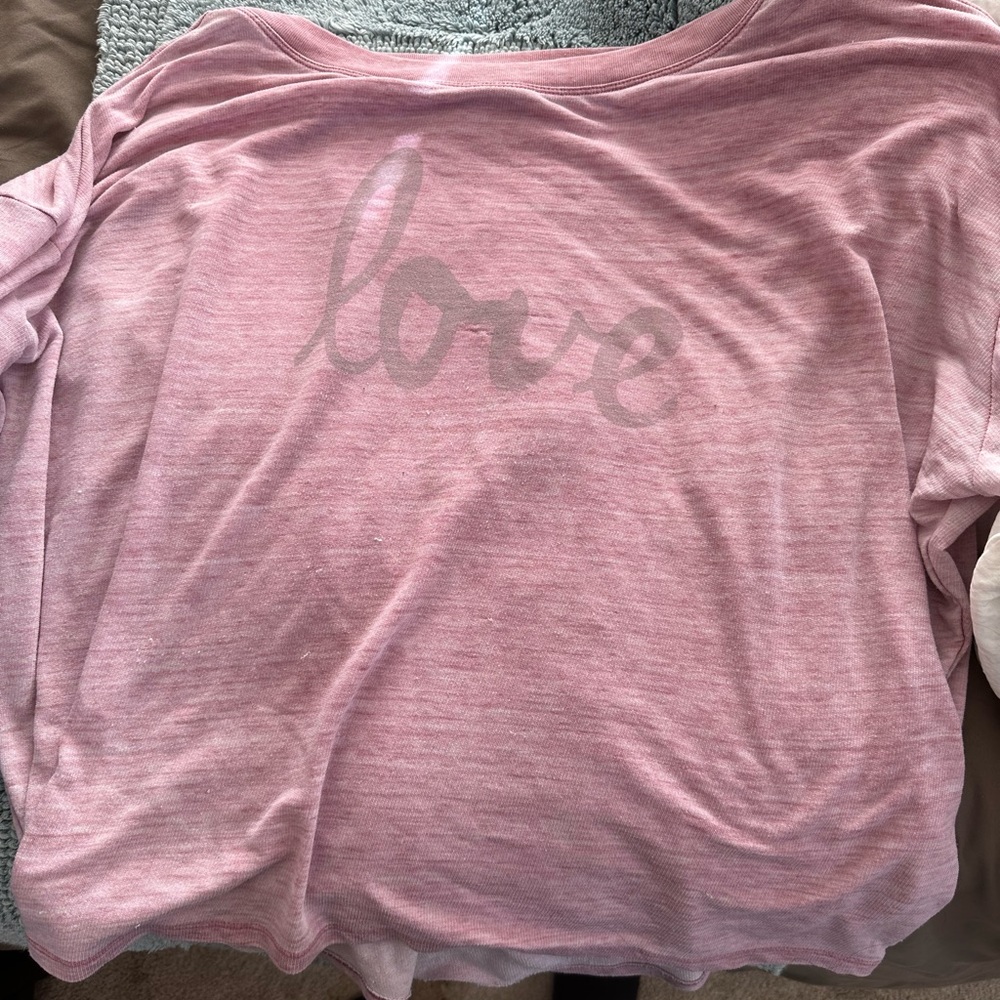 Pink/white “Love” off the shoulder long-sleeve Express shirt